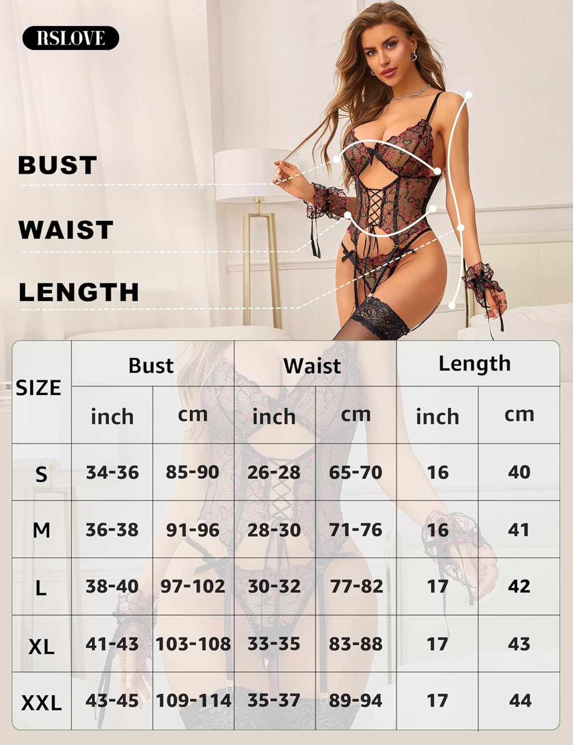 RSLOVE Women's Lingerie Garter Babydoll - Sexy 4 Piece Lingerie Set with Garter Lace Dress Nightwear