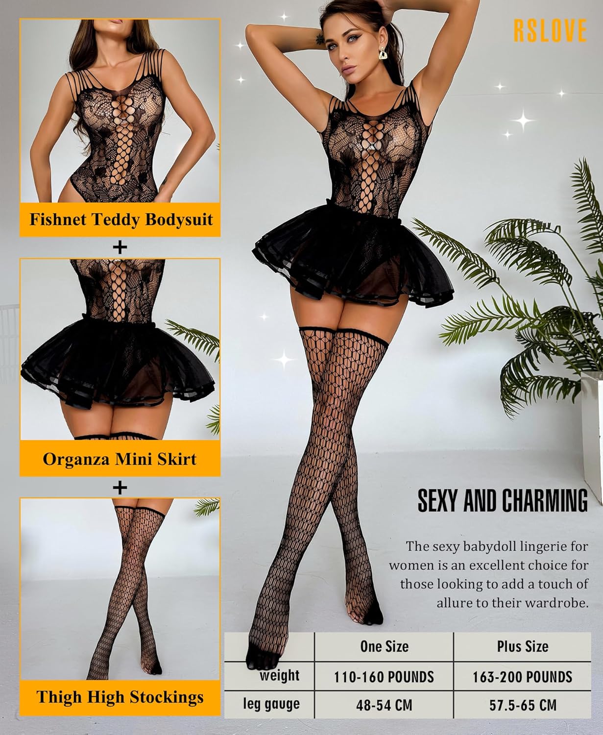 RSLOVE Sexy Lingerie for Women - Lace Babydoll Outfits 3 Piece Fishnet Bodysuit and Mini Skirt with Stockings