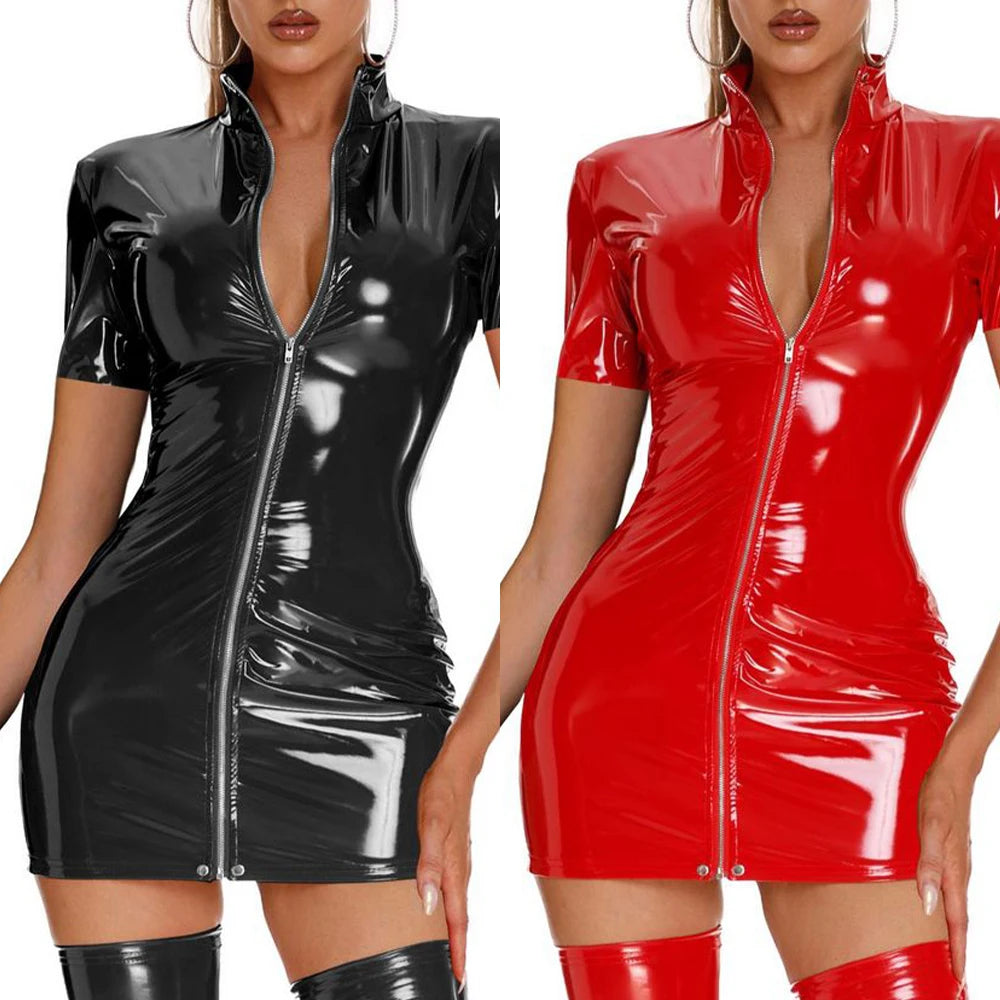 Sexig miniklänning i wet look-latex – glansig bodycon med dragkedja